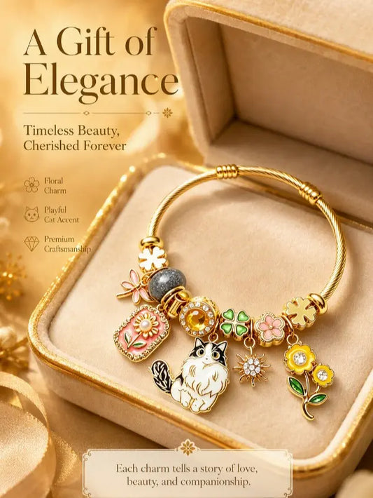 Women's Adjustable Gold-Plated Cat Charm Bangle - Enamel Flower, 4-Leaf Clover, Twisted Cable Wire, Dangle Bead Costume Jewelry Gift