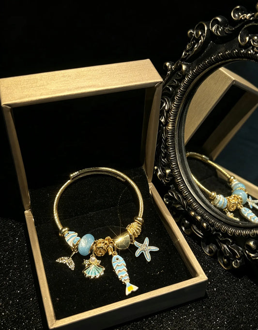 Women's Gold-Tone Ocean Theme Charm Open Cuff Bracelet with Fish, Starfish & Shell Charms, Beach Costume Jewelry Gift