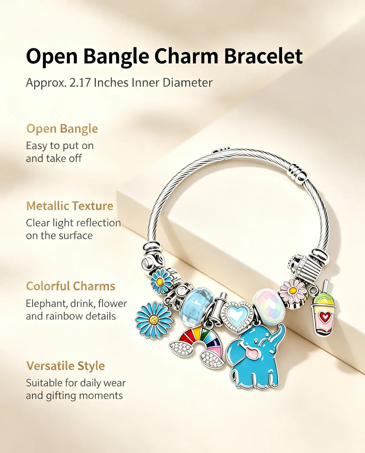 Open Bangle Charm Bracelet, Cute Blue Elephant Rainbow Daisy Flower Drink Charms Cable Wire Bracelets, Adjustable Cuff Bracelet Jewelry Gift for Women Girls