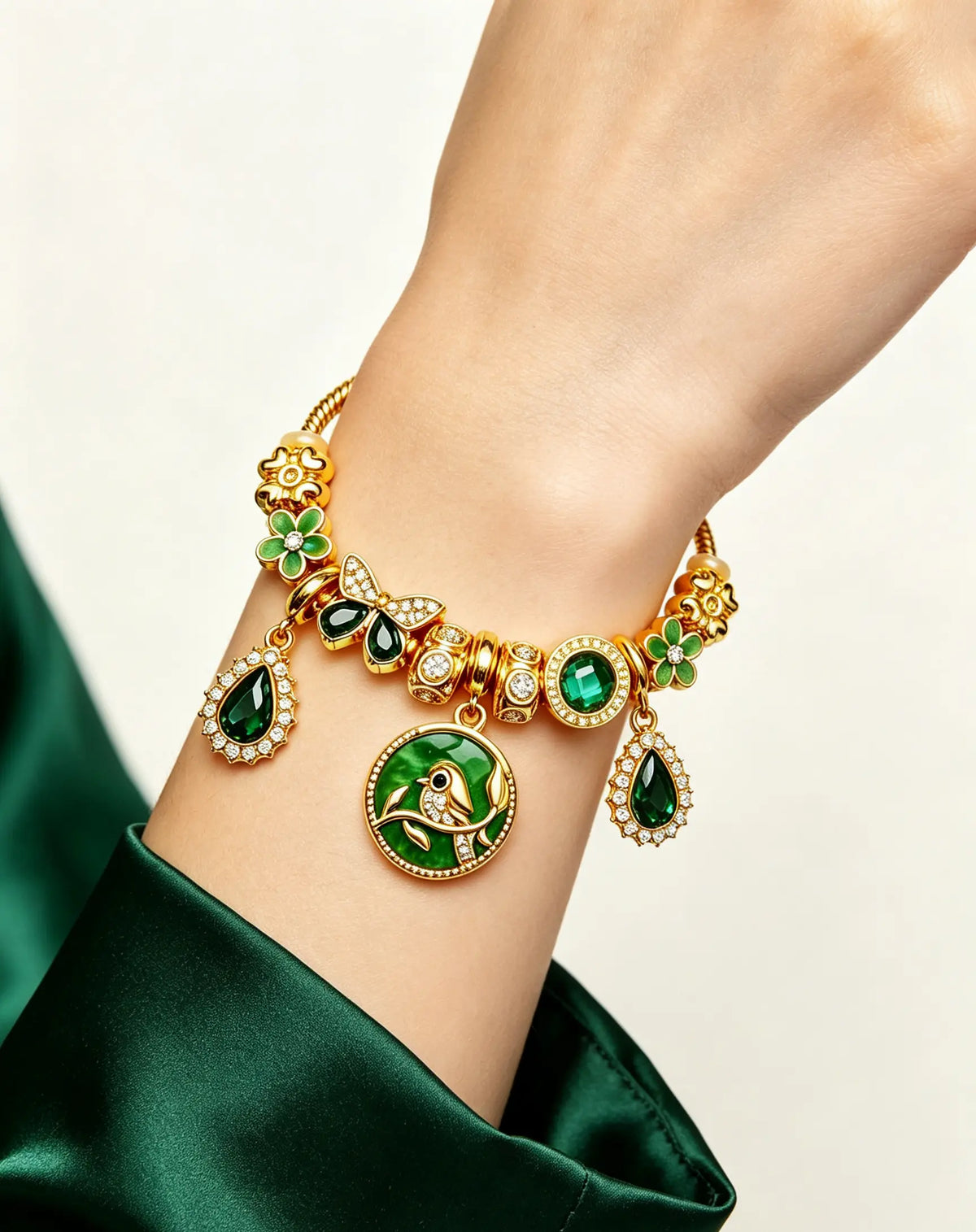 Vintage Green Enamel Bird Charm Bracelet, Gold-Tone Snake Chain with Floral & Teardrop Zircon Beads, Adjustable Fashion Jewelry for Women