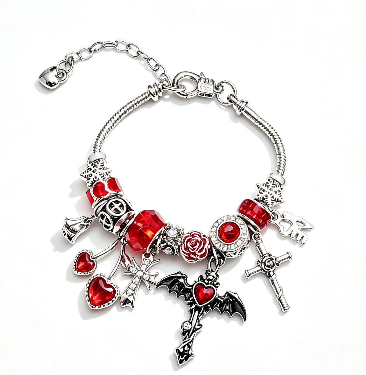 Silver‑Tone Adjustable Snake Chain Charm Bracelet for Women, Gothic Bracelet with Bat, Cross, Red Heart & Crystal Bead Charms, Punk Dark Fashion Jewelry, Halloween Costume Gift for Ladies Girls