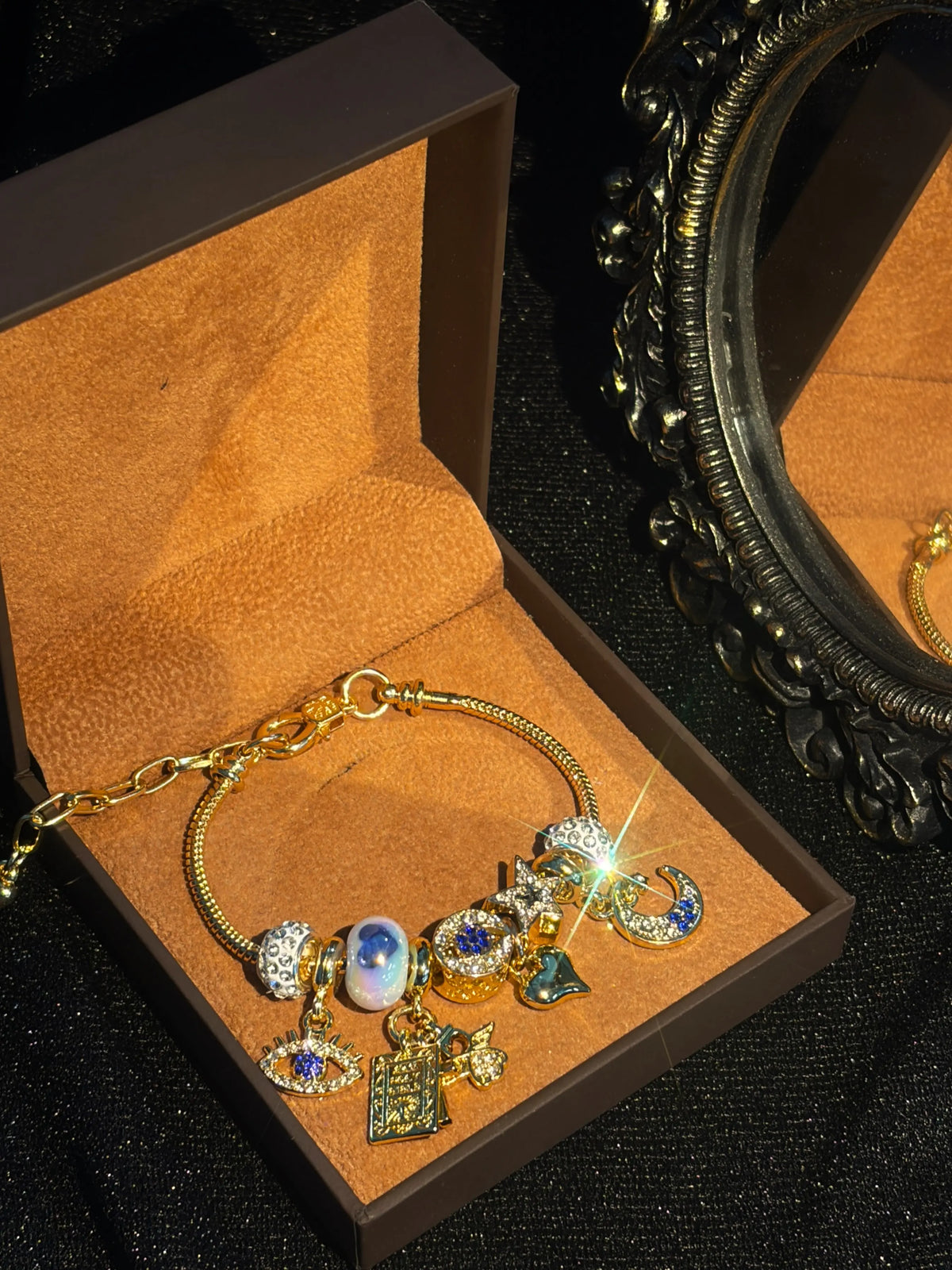 Women Warm Gold Beaded Snake Chain Bracelet, Moon Star Evil Eye Cross Tarot Card Pendants Shiny Rhinestone Gradient Glass Beads Adjustable Wrist Ornament, Mystical Fashion Present for Ladies
