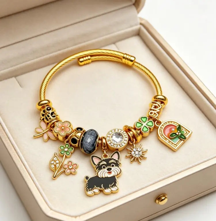 Tone Gold Twisted Wire Open Bangle Cute Schnauzer Dog Clover Floral Rhinestone Enamel Charm Bracelet Women Pet Lover Jewelry Gift