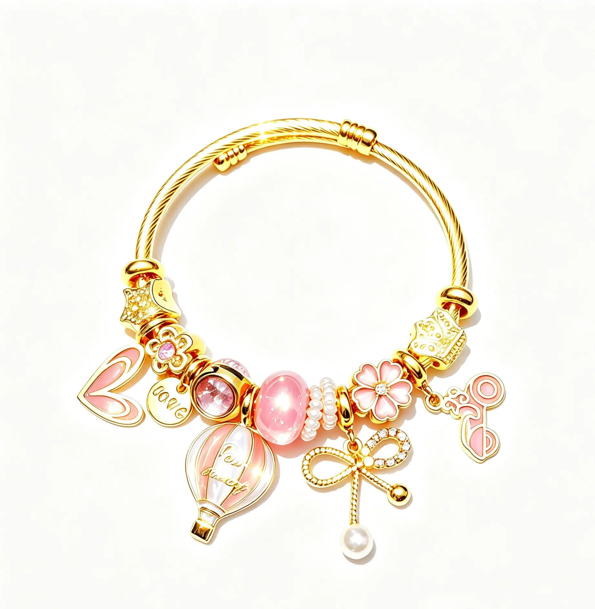 Pink Hot Air Balloon Charm Bangle, 14K Gold Twisted Cable Bracelet with Cherry Blossom, Bow, Heart & Pearl Pendant, Dainty Pink Crystal Beads Jewelry Gift for Women Teen Girls