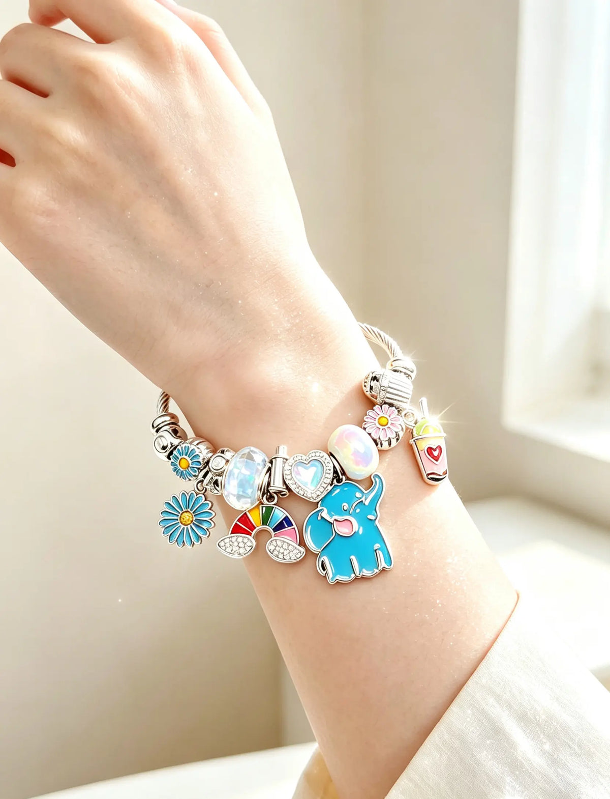 Open Bangle Charm Bracelet, Cute Blue Elephant Rainbow Daisy Flower Drink Charms Cable Wire Bracelets, Adjustable Cuff Bracelet Jewelry Gift for Women Girls