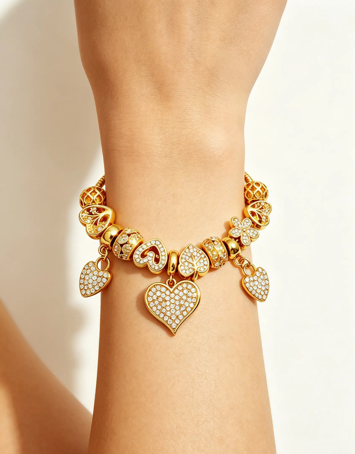 Women's 14K Gold-Plated Adjustable Length Snake Chain Bracelet - Gold Heart Crystal, Multi-Heart Charms, Clover Leaf Pave Diamond Jewelry for Women, Female Wear, Gift Idea Fashion Accessory