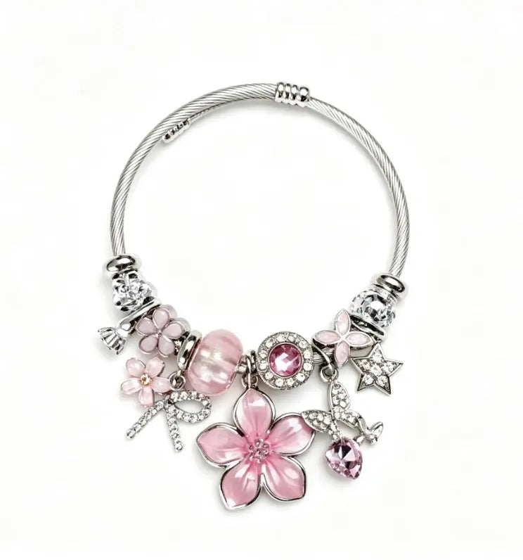 Tone Silver Twisted Open Bangle Pink Blue Black Purple Sakura Flower Crystal Rhinestone Charm Bracelet Women Sweet Girly Jewelry Gift