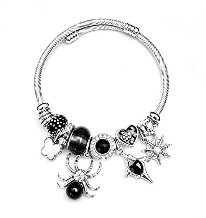 Silver Twisted Cable Open Bangle Bracelet, Black Crystal Spider & Gothic Heart Star Charms Beaded Bracelet, Punk Fashion Jewelry Gift for Women