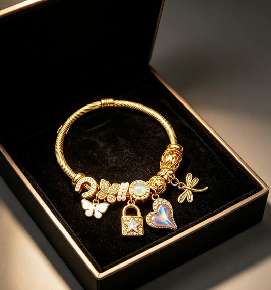 Gold Twisted Cable Charm Bangle Bracelet, Iridescent Heart Crystal Lock Star Dragonfly Butterfly Moon Charms Bracelet, Adjustable Open Cuff Jewelry Gift for Women