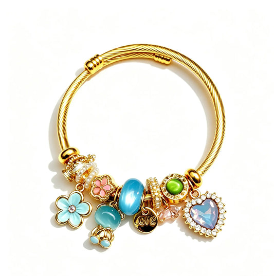 Adjustable Open Cuff Charm Bracelet for Women, 2 Styles Pink & Sky Blue Enamel Bead Bangle with Rhinestone Heart Charms, Gold Twisted Wire Flexible Bracelets Jewelry Gift for Daily Wear