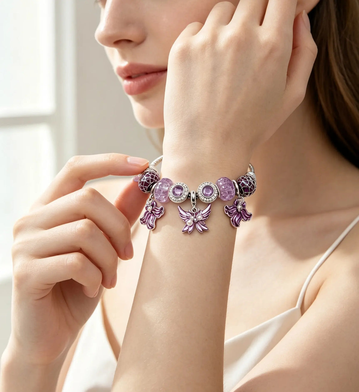 Purple Butterfly Angel Charm Snake Chain Bracelet, 9.85 Inches Adjustable Extension Chain Beaded Bracelet with Purple Crystal Beads, Fashion Jewelry Gift for Women Teen Girls