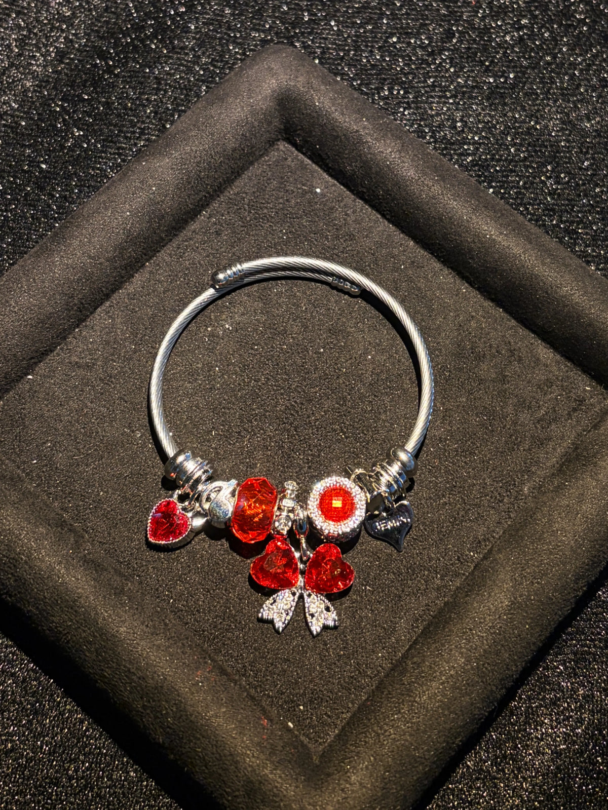 Women's Adjustable Open Silver-Tone Wire Bangle Bracelet, Sparkling Heart Butterfly Crystal Charm Design, 2-Color Red/Green Costume Jewelry, Fashion Statement Gift for Daily/Party Use