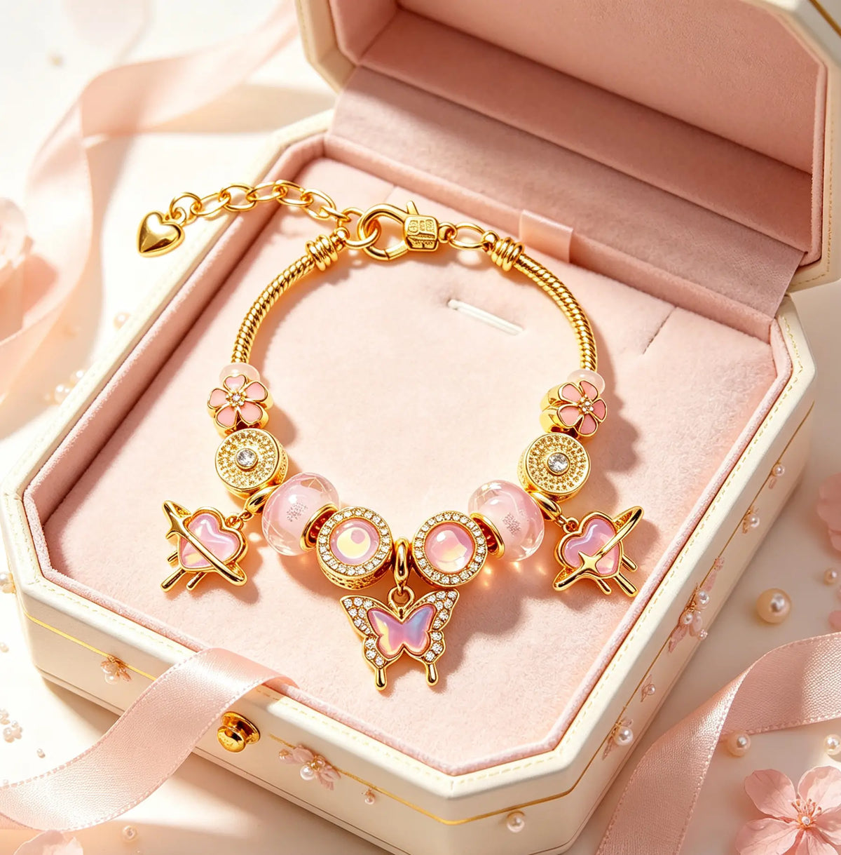 Dreamy Pink Butterfly Charm Bracelet: Sparkling Heart & Flower Gold Chain Bangle - Romantic Jewelry Gift for Her