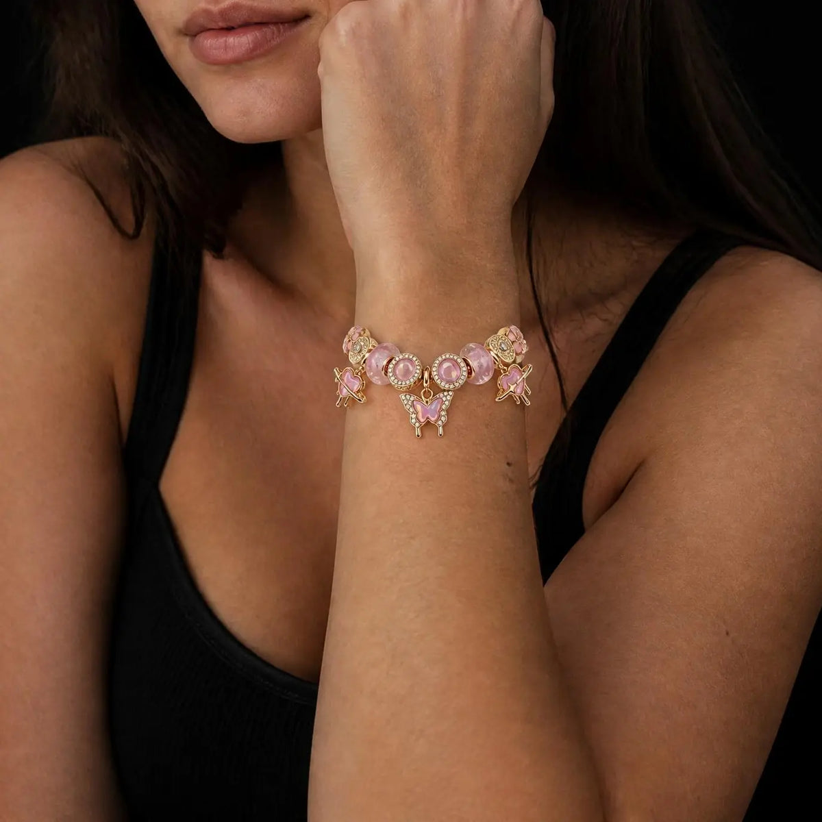 Dreamy Pink Butterfly Charm Bracelet: Sparkling Heart & Flower Gold Chain Bangle - Romantic Jewelry Gift for Her