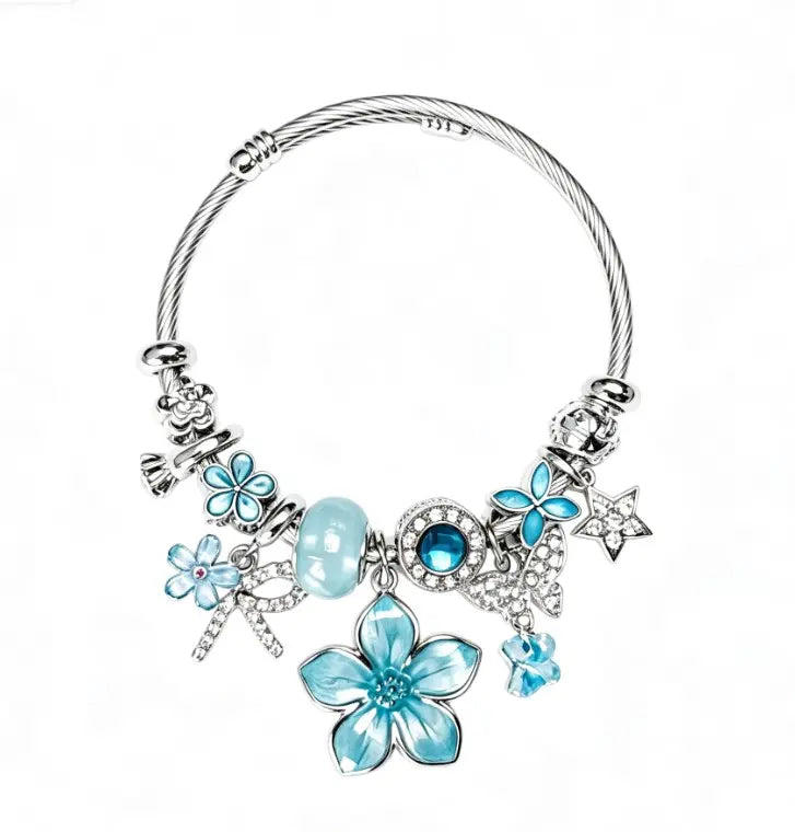 Tone Silver Twisted Open Bangle Pink Blue Black Purple Sakura Flower Crystal Rhinestone Charm Bracelet Women Sweet Girly Jewelry Gift
