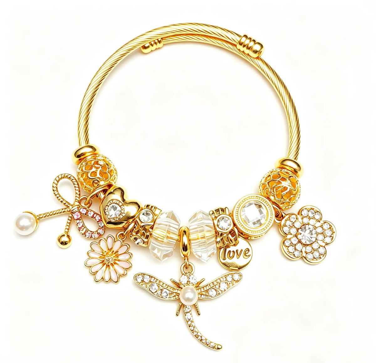 Dragonfly Pink Crystal Charm Bangle Bracelet, Gold-Tone Adjustable Open Cuff Bracelet with Pearl Flower Dangle Charms, Fashion Jewelry Gift for Women Girls