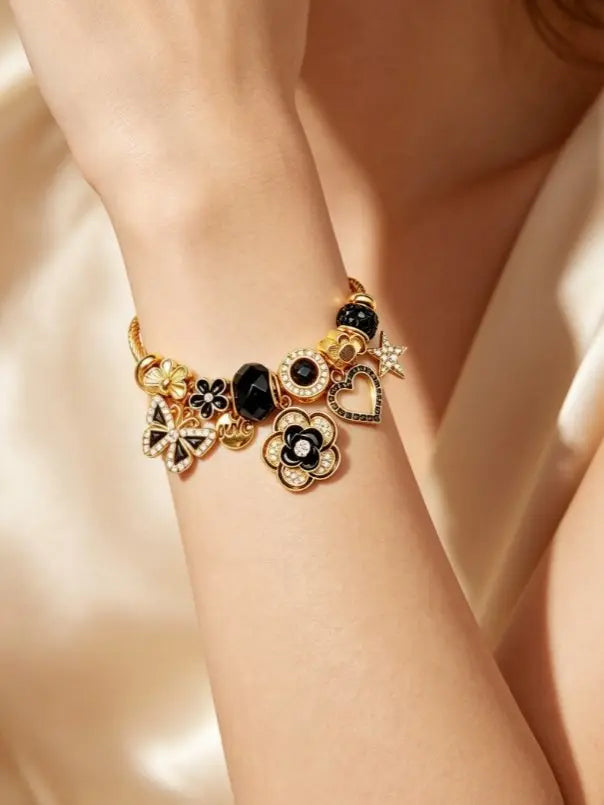 Gold Black Clover Charm Bangle Bracelet for Women, Adjustable Twisted Cable Wire Open Cuff Bracelet with Butterfly Star Heart Crystal Beads Charms, Luxury Dainty Jewelry Gift for Birthday Anniversary