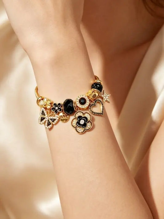 Gold Black Clover Charm Bangle Bracelet for Women, Adjustable Twisted Cable Wire Open Cuff Bracelet with Butterfly Star Heart Crystal Beads Charms, Luxury Dainty Jewelry Gift for Birthday Anniversary