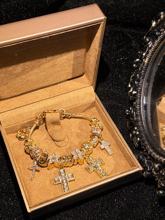 Women's Gold Tone Charm Bracelet, Sparkling Cross & Flower Rhinestone Charms Bangle for Daily Party Wear