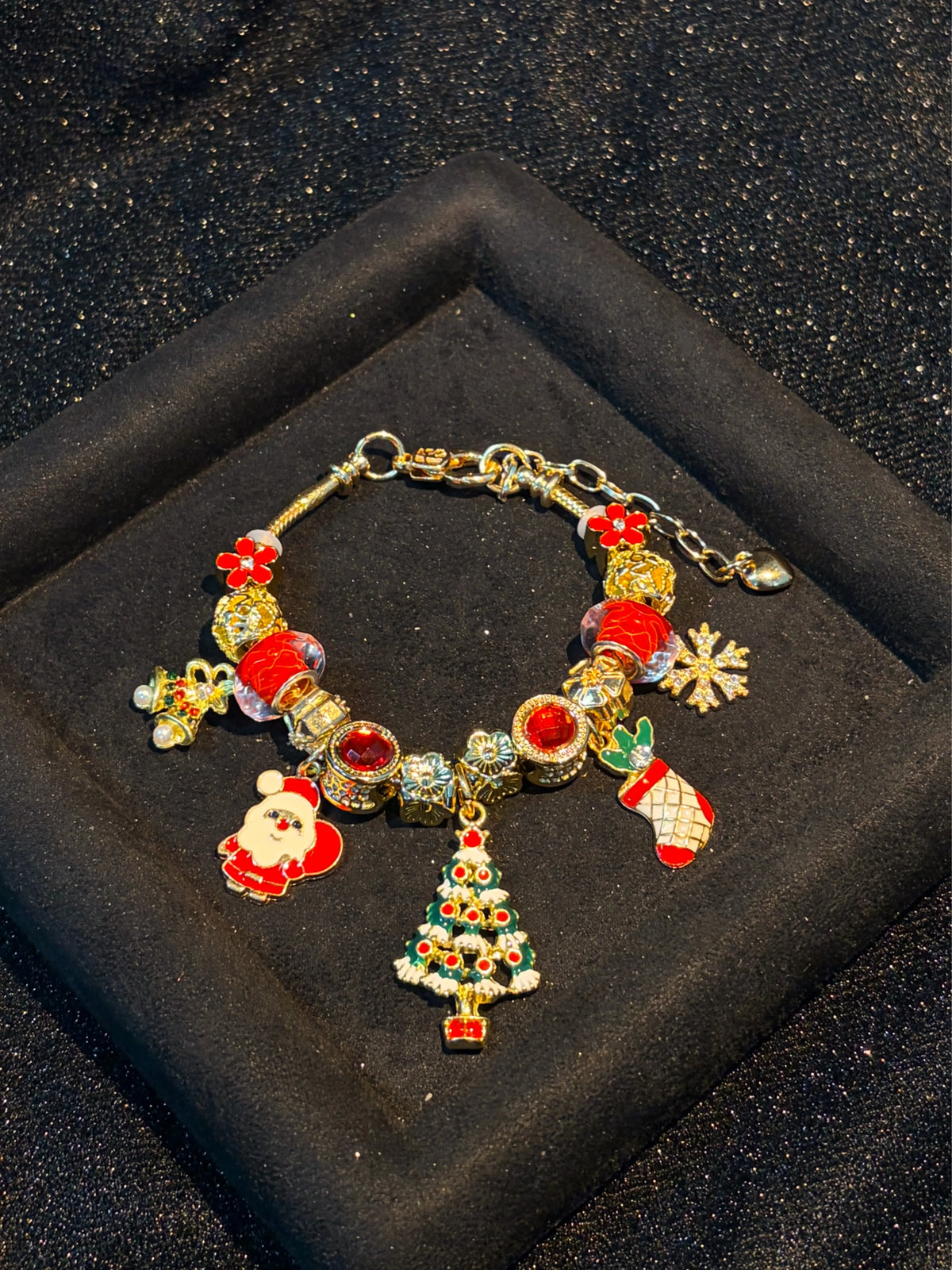 Women's Bling Gold-Tone Christmas Charm Bracelet with Santa, Xmas Tree, Stocking, Snowflake, Bell Dangle Charms, Adjustable Extension Chain, Festive Holiday Statement Jewelry Gift