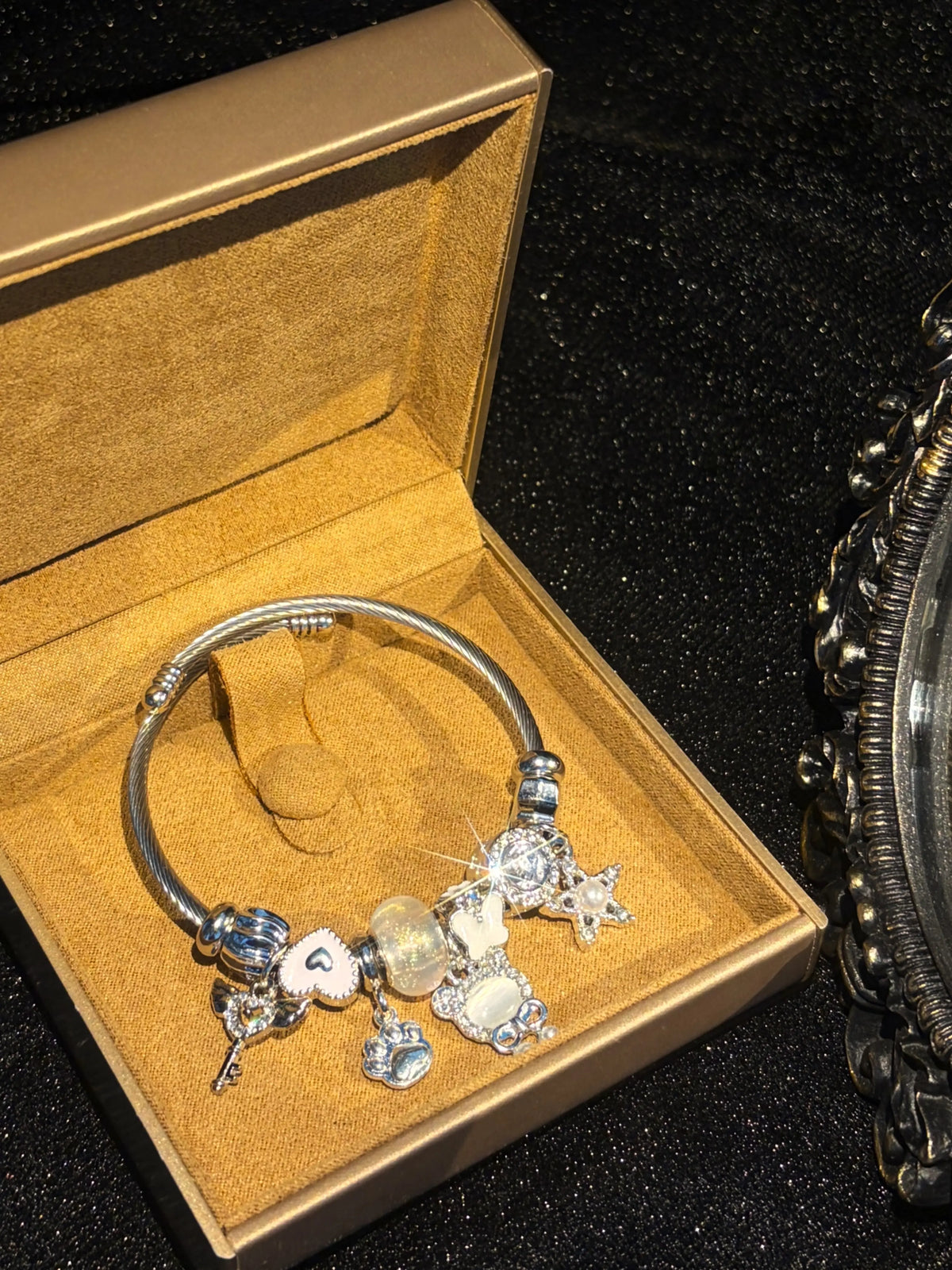 Women's Silver-Tone Open Cuff Bangle Bracelet with Cat Paw, Heart, Star, Butterfly Dangle Charms - Costume Jewelry Gift