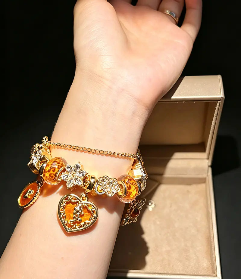 Gold Leopard Print Beaded Charm Bracelet, Vintage Heart Pendant Bangle with Crystal Flower Dangle Charms, Women Fashion Jewelry Gift