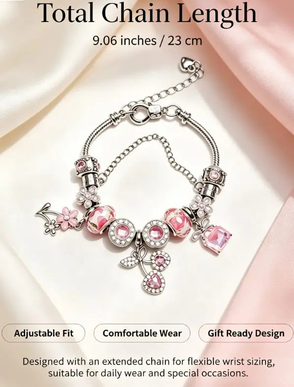 Silver Snake Chain Charm Bracelet with Pink Floral Glass Beads, Rhinestone Cherry, Sakura Flower & Pink Crystal Charms, Adjustable Extension Chain Dainty Flower Jewelry Gift for Women Teen Girls
