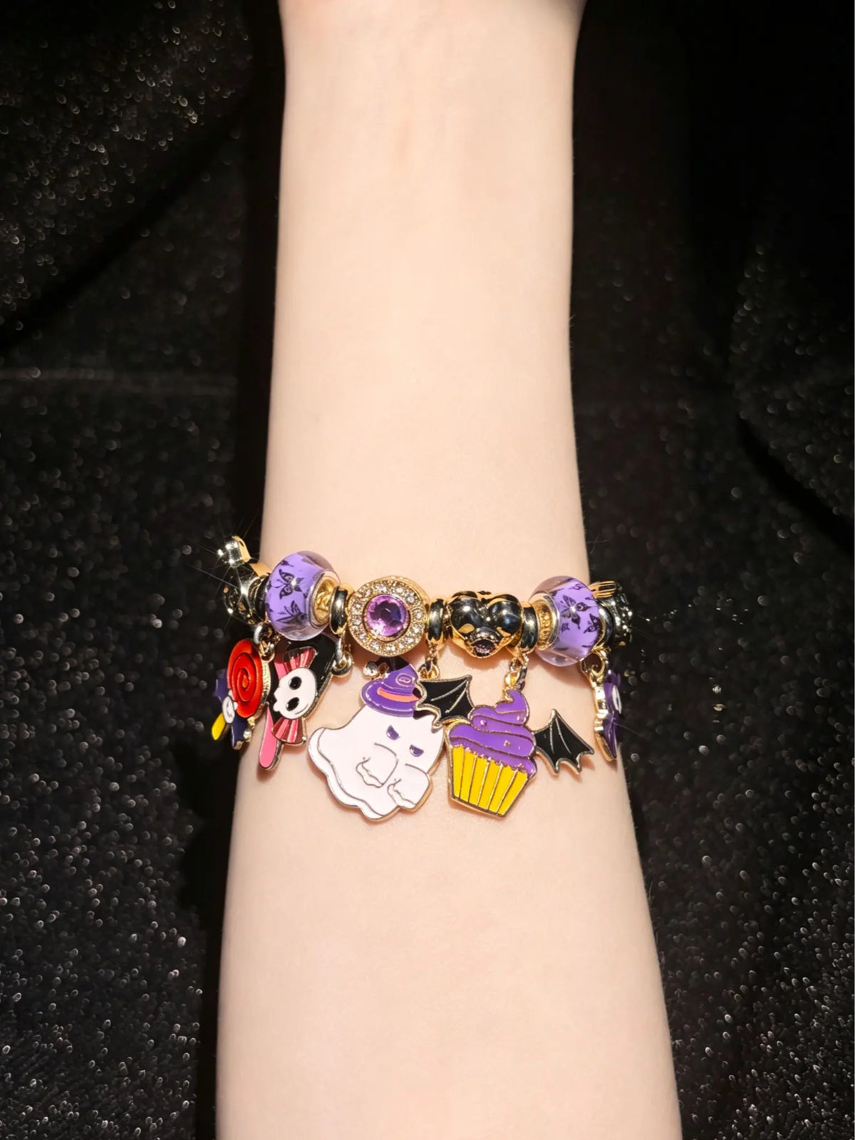 Halloween Multi-Charm Enamel Snake Chain Bracelet, Decorated with Ghost, Bat, Cupcake, Candy, Skull, Stackable Fashion Costume Jewelry Gift for Holiday Occasions