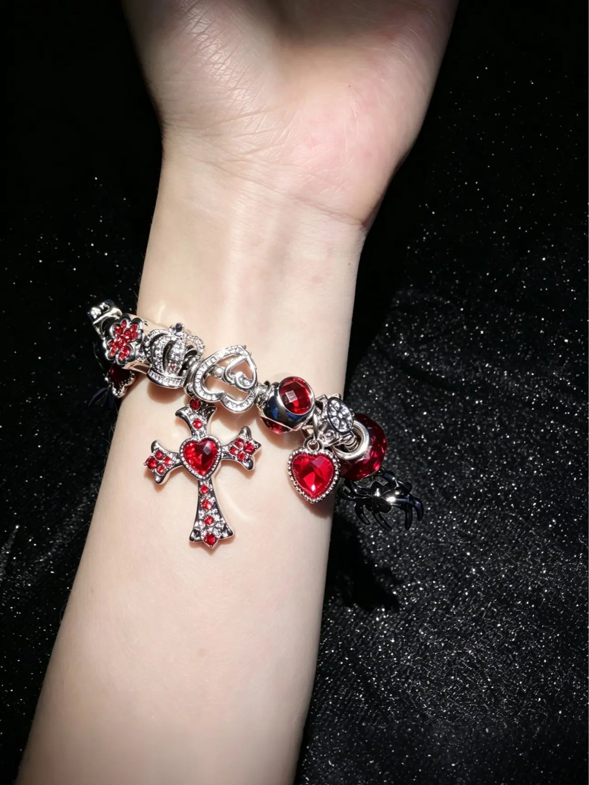 Gothic Red Heart Cross Charm Bracelet, Silver Snake Chain Beaded Bracelet with Spider Star Crystal Charms, Vintage Dark Aesthetic Jewelry Gift for Women