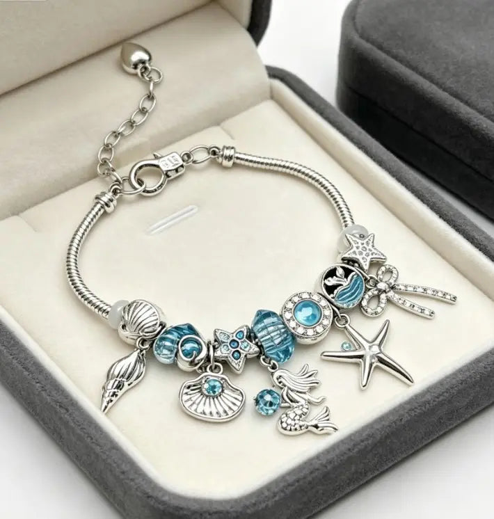 Silver Ocean Mermaid Charm Bracelet, Blue Crystal Shell Starfish Conch Bow Snake Chain Bangle, Adjustable Extender Chain Summer Beach Jewelry Gift for Women Girls