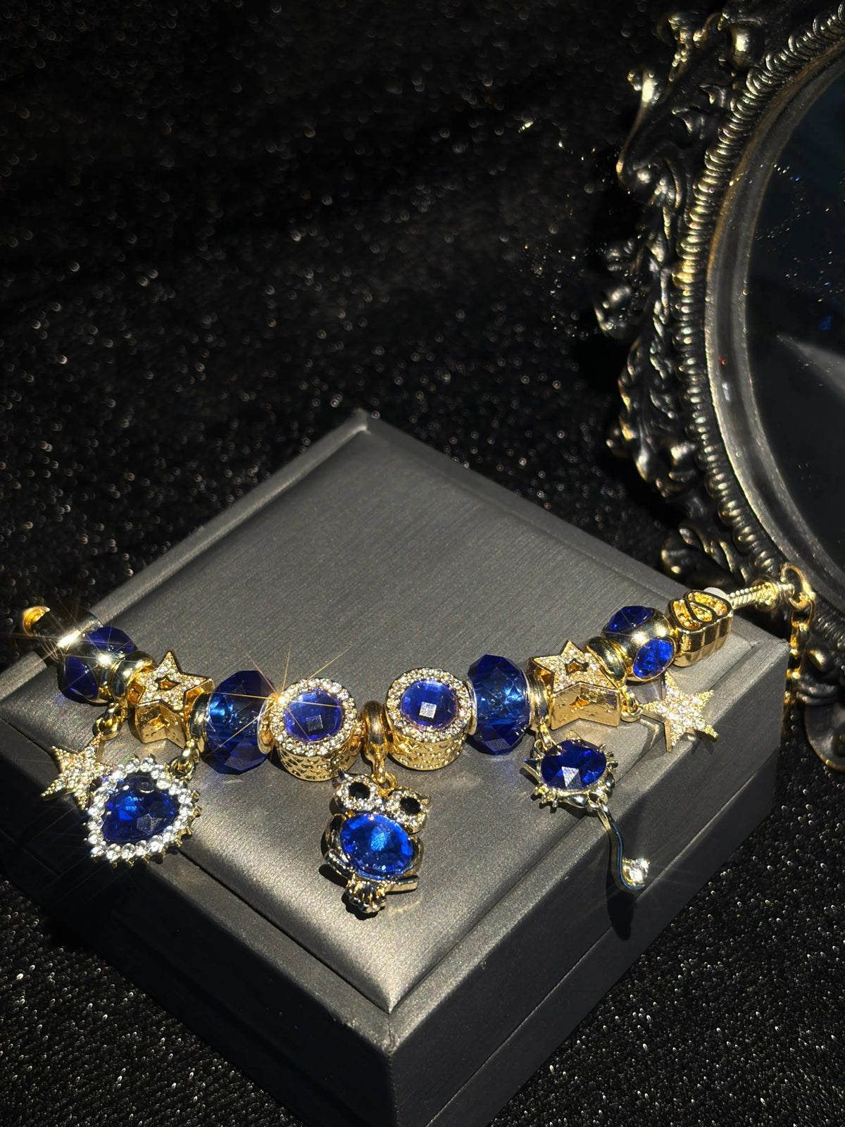 Women's Sparkly Blue Crystal Charm Bracelet - Gold-Tone Adjustable Snake Chain with Owl, Star, Heart Rhinestone Dangle Charms, Elegant Evening Party Jewelry Gift for Teen Girls