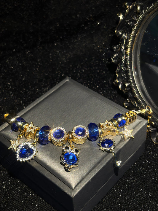 Women's Sparkly Blue Crystal Charm Bracelet - Gold-Tone Adjustable Snake Chain with Owl, Star, Heart Rhinestone Dangle Charms, Elegant Evening Party Jewelry Gift for Teen Girls