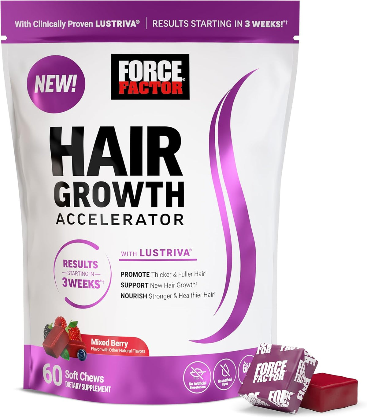 Hair Growth Accelerator Soft Chews, Lustriva & Biotin to Promote Thicker, Stronger, Fuller Hair, Hair Growth Vitamins for Women, Clinically Studied, Mixed Berry, 60 Soft Chews