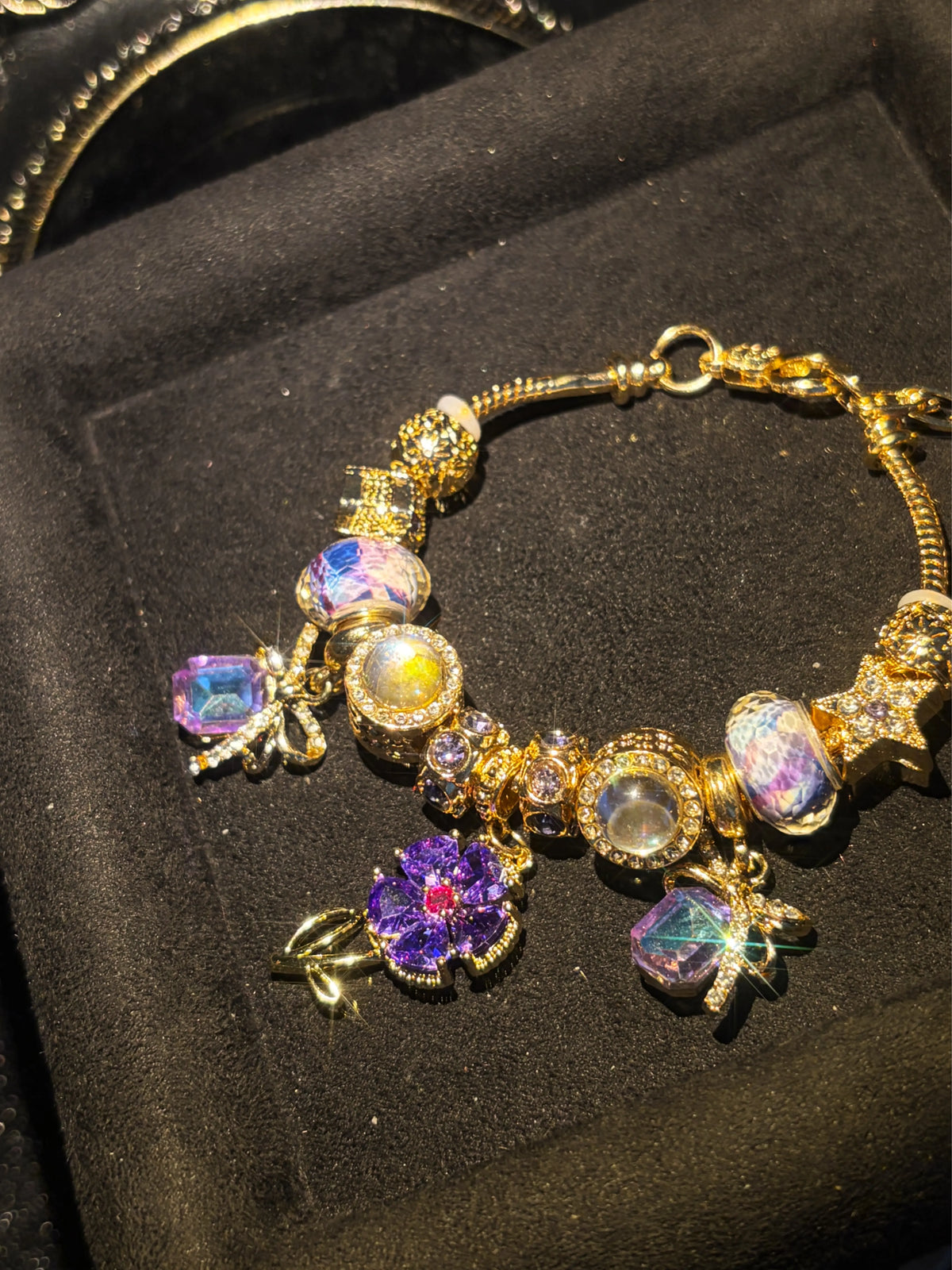 Women's Gold-Tone Purple Flower Charm Bracelet - Iridescent Crystal, Bow Star Pendants, Adjustable Length, Vintage Luxurious Statement Jewelry, Party Ready Costume Accessory