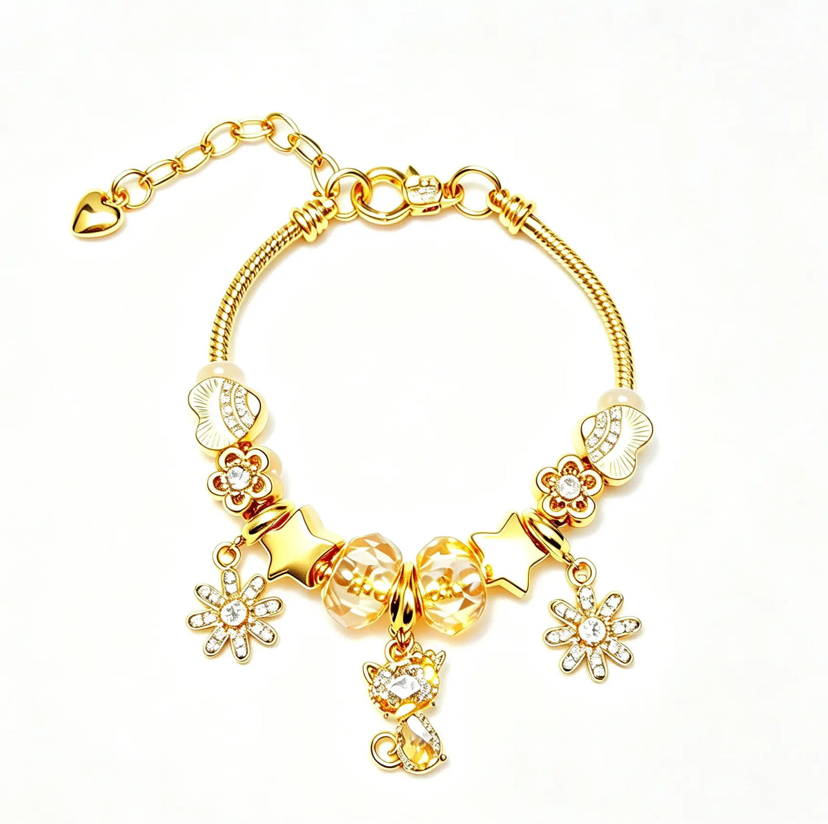 Golden Tone Cat Charm Bracelet, Adjustable Snake Chain Bracelet with Crystal Flower Star Beads, Fashion Jewelry Gift for Women Girls