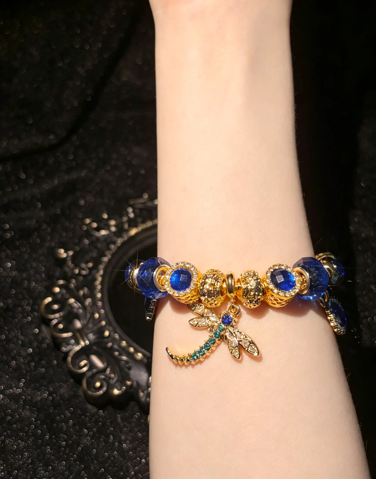 Women's Gold Tone Charm Bracelet, Sparkling Blue Bead & Dragonfly Rhinestone Charms Bangle for Daily Party Wear