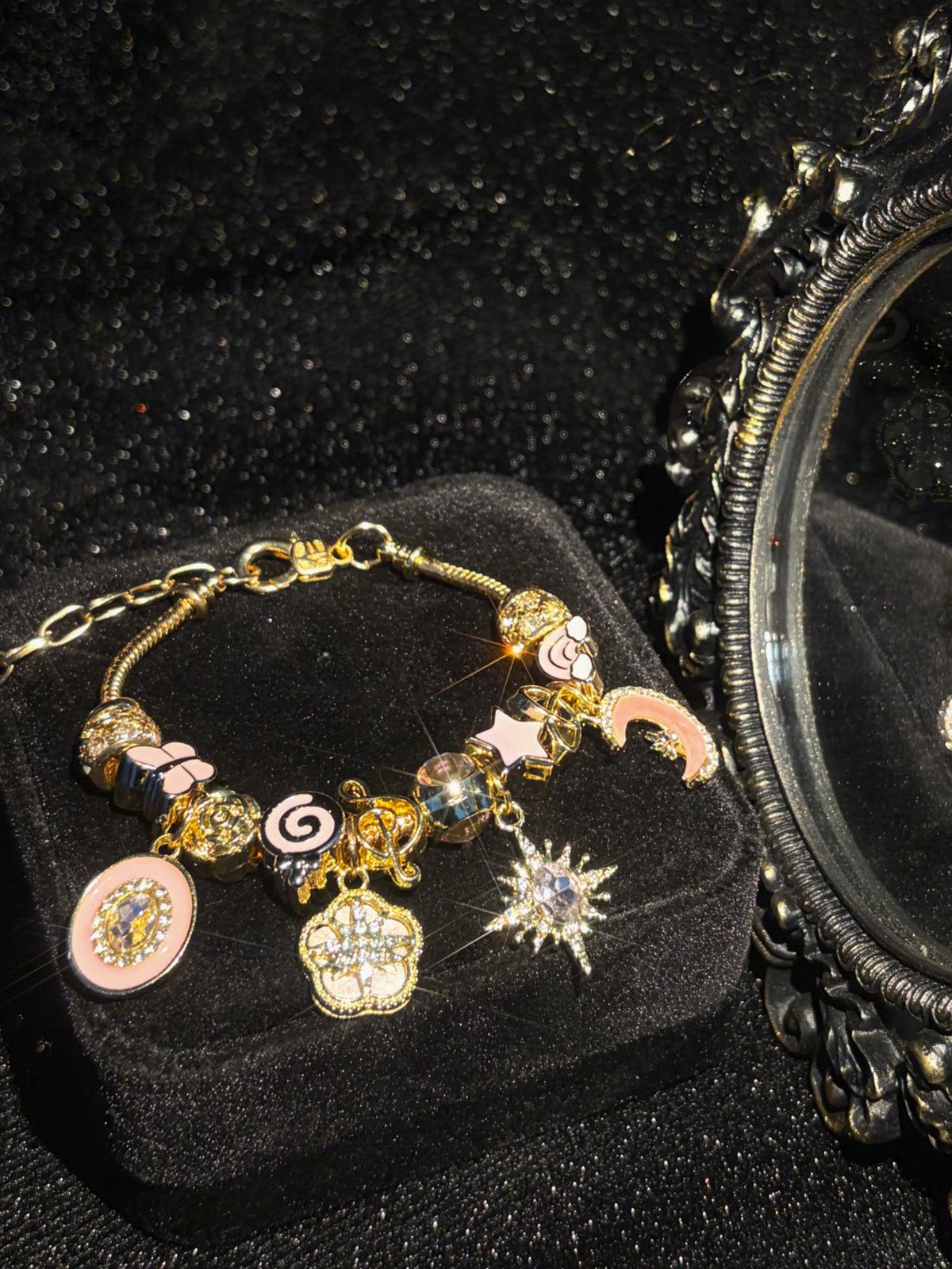 Women's Pink Gold Enamel Charm Bracelet - Gold-Tone Adjustable Snake Chain with Sun, Star-Burst, Lollipop, Music Note, Heart Dangle Charms, Rhinestone Fashion Jewelry Gift for Teen Girls