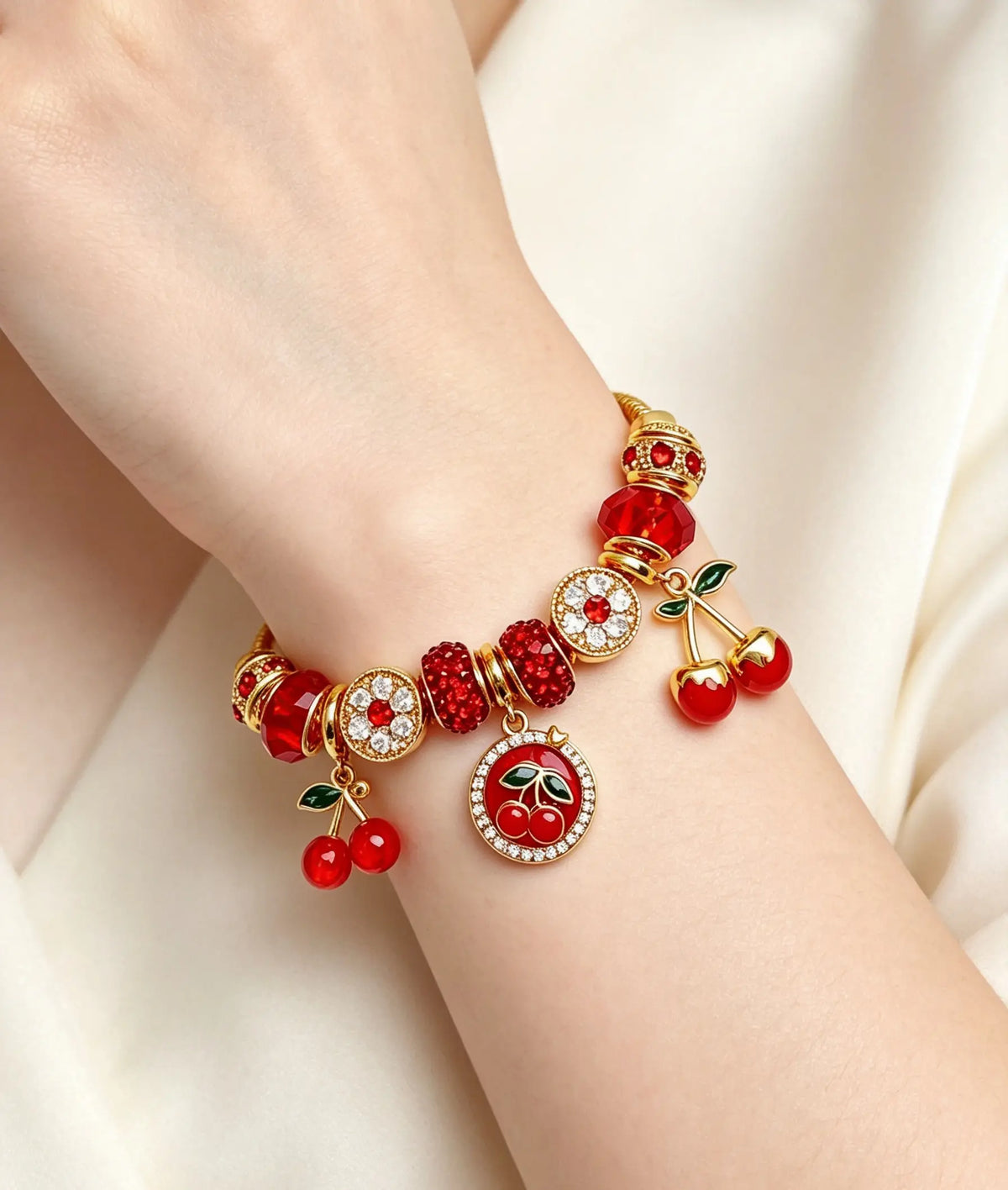 Gold Tone Cherry Charm Bracelet, Red Crystal Beaded Snake Chain Bracelet， Jewelry Gift for Women Girls