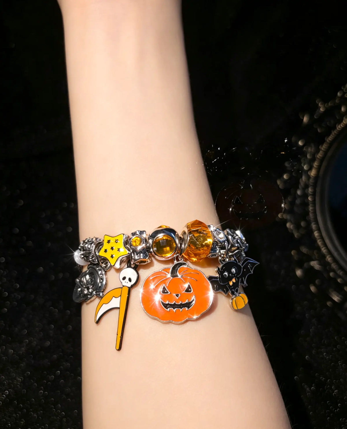 Halloween Charm Bracelet, Silver Tone Snake Chain Bracelet with Pumpkin Bat Scythe Star Enamel Charms, DIY Large Hole Beads Costume Jewelry Gift for Women Teen Girls