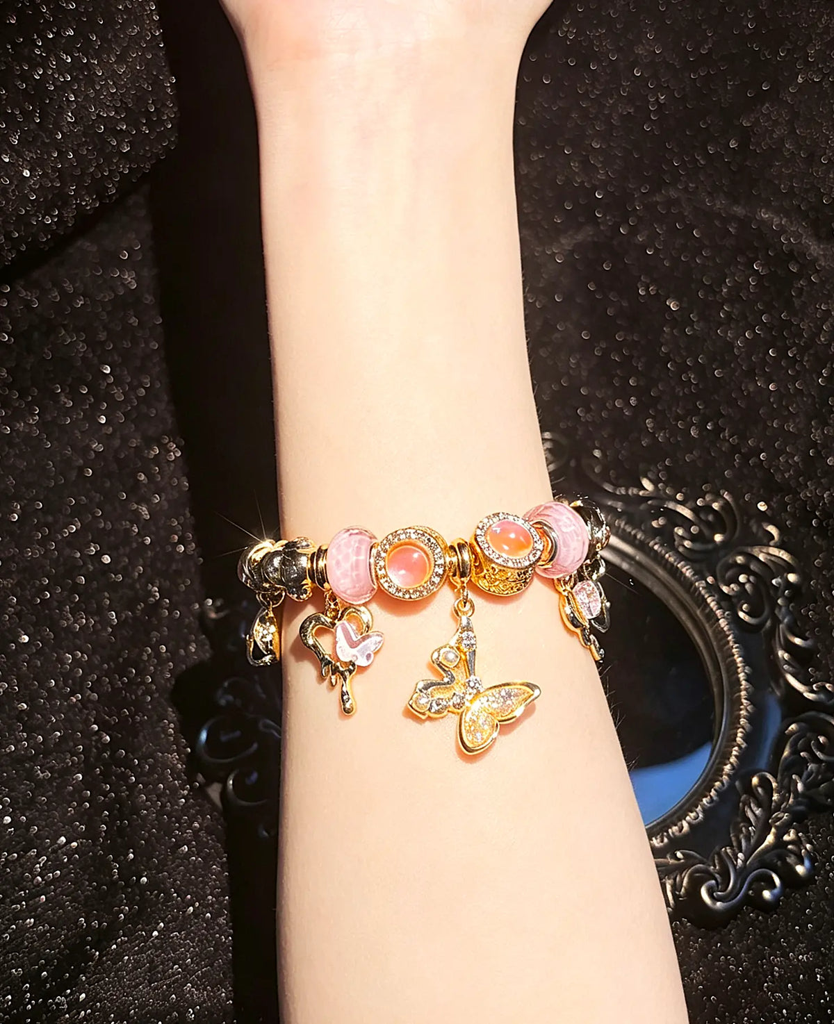 Gold Tone Snake Chain Charm Bracelet - Rhinestone-Inlaid Heart, Butterfly, Star, Flower Dangle Charms - Fashion Multi-Element Beaded Jewelry Gift for Women