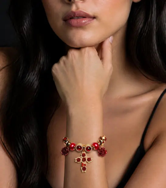 Red Rose Cross Golden Charm Bracelet, Red Crystal Beaded Adjustable Snake Chain Bracelet