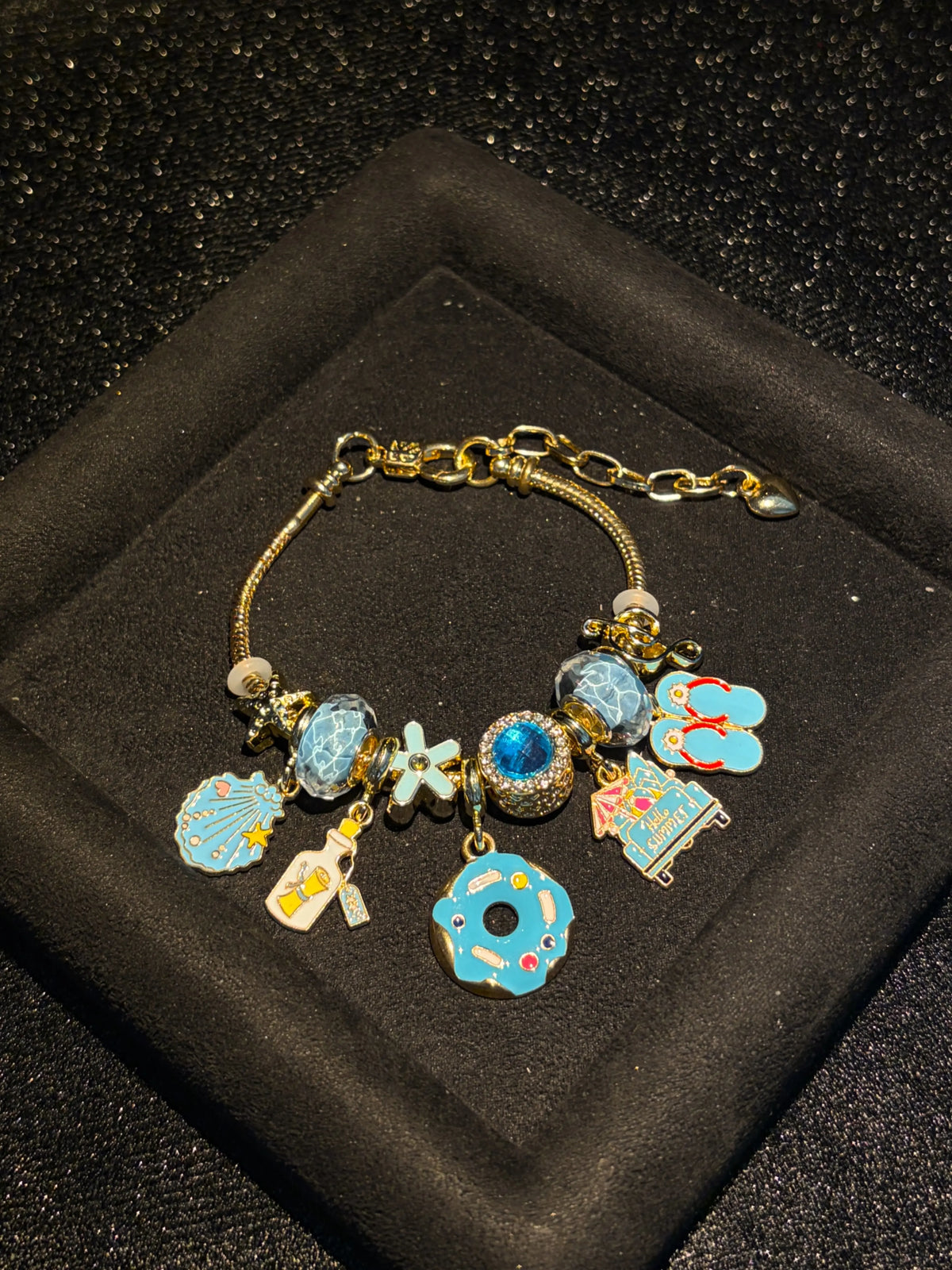 Women's Sparkling Water-Shimmer Crystal Bead Charm Bracelet, Gold-Tone Adjustable Snake Chain with Donut Bottle Shell Enamel Charms, Summer Vacation Fashion Jewelry Gift