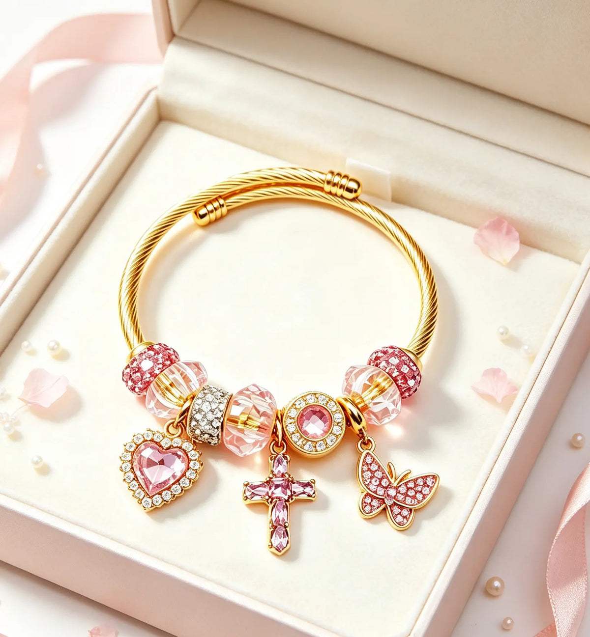Sparkling Pink Charm Bangle - Heart, Cross & Butterfly Dangle Bracelet for Women | Trendy Gold-Tone Jewelry Gift