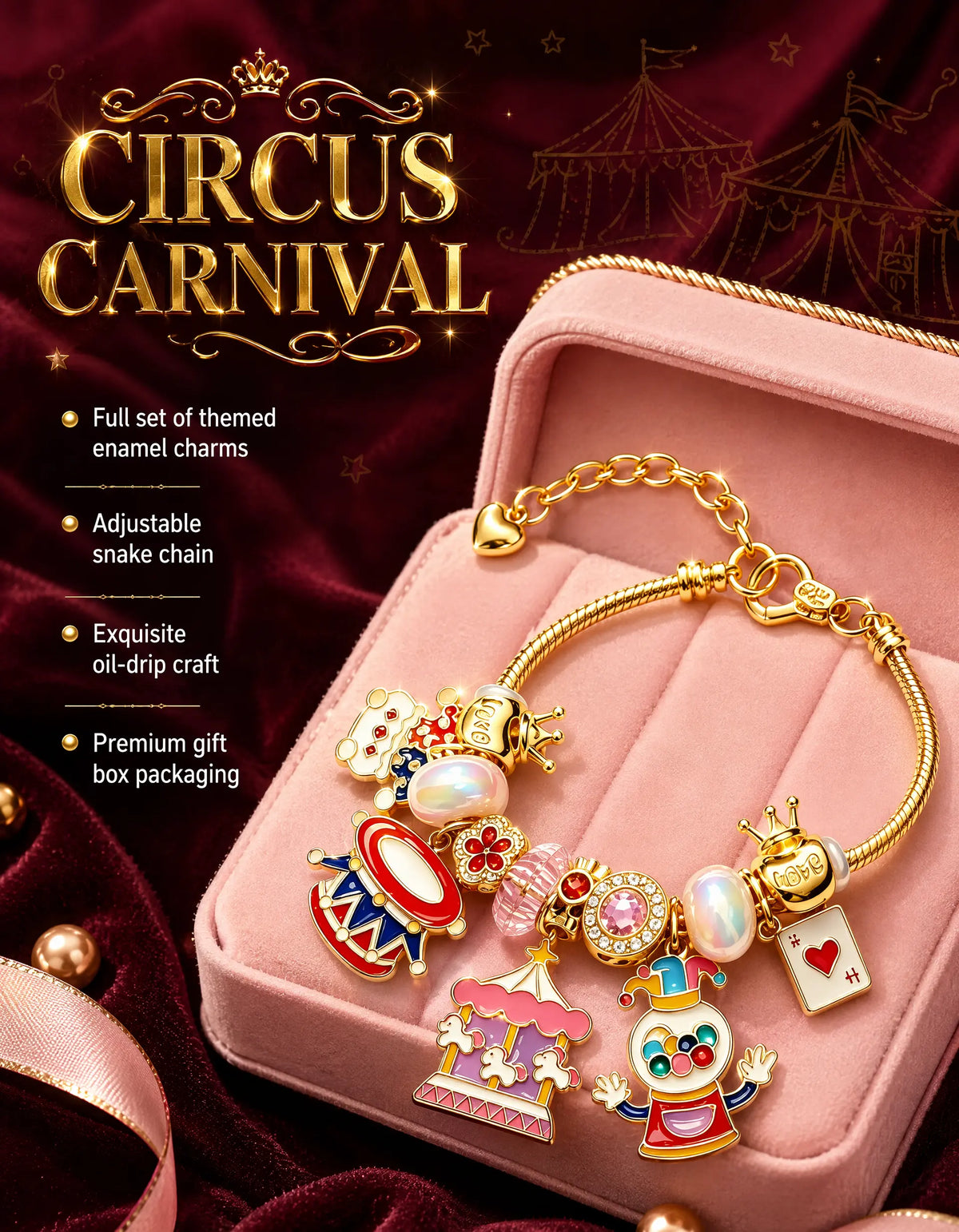 Circus Carnival Enamel Charm Bracelet, Gold Snake Chain Beaded Bracelet with Clown, Carousel, Drum & Playing Card Charms, Cute Cartoon Jewelry, Adjustable Bangle Gift for Women Girls