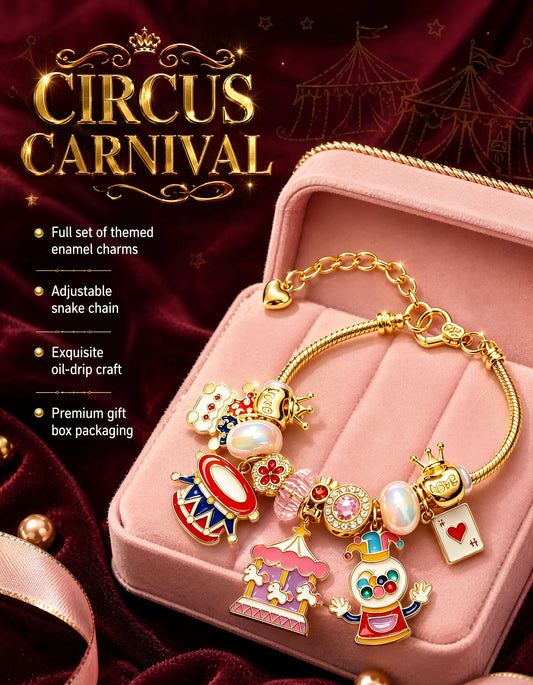 Circus Carnival Enamel Charm Bracelet, Gold Snake Chain Beaded Bracelet with Clown, Carousel, Drum & Playing Card Charms, Cute Cartoon Jewelry, Adjustable Bangle Gift for Women Girls