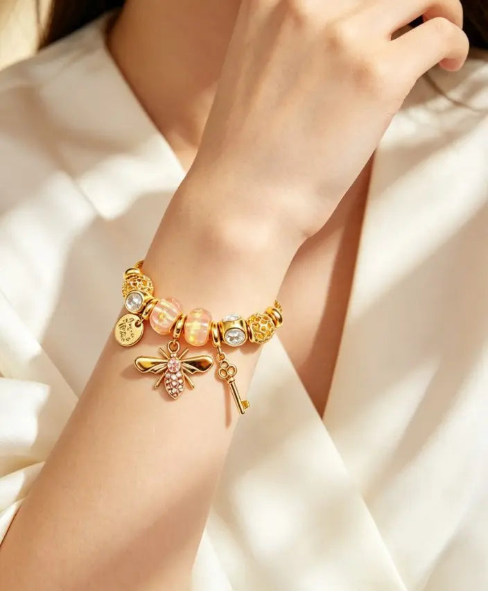 Gold Twisted Cable Bangle Bracelet, Pink Murano Glass Beads Charm Bracelet with Crystal Bee, Key & Engraved Coin Pendant, Sweet Fashion Jewelry Gift for Women Girls
