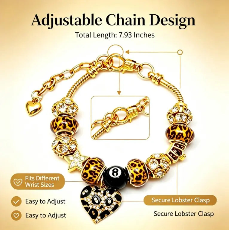 Leopard Print Beaded Charm Bracelet, Gold Snake Chain Bracelet with Black 8 Ball & Crystal Leopard Heart Pendant, Y2K Trendy Jewelry for Women