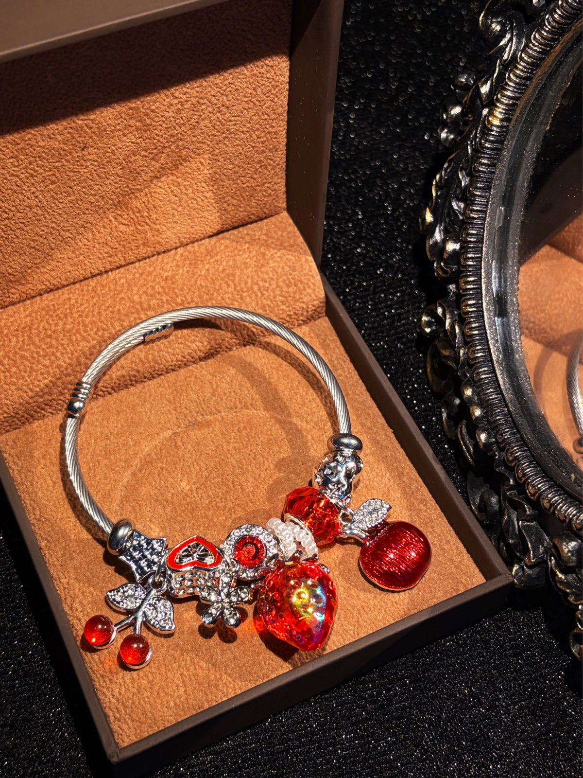 Women's Silver-Tone Adjustable Open Cuff Wire Bracelet with Strawberry Cherry Red Fruit Heart Charms, Fashion Costume Jewelry for Daily Wear and Gifting