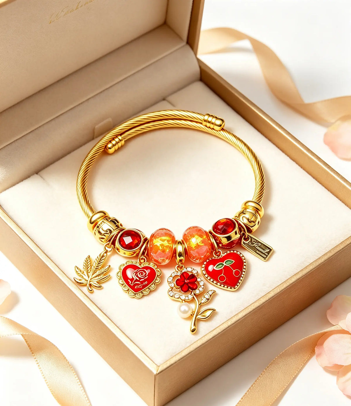 Charm Open Cuff Bangle Bracelet, Gold Twisted Wire Bracelet with Red Heart Cherry Rose Flower Charms, Dainty Adjustable Beaded Bracelet Jewelry Gift for Women Girls