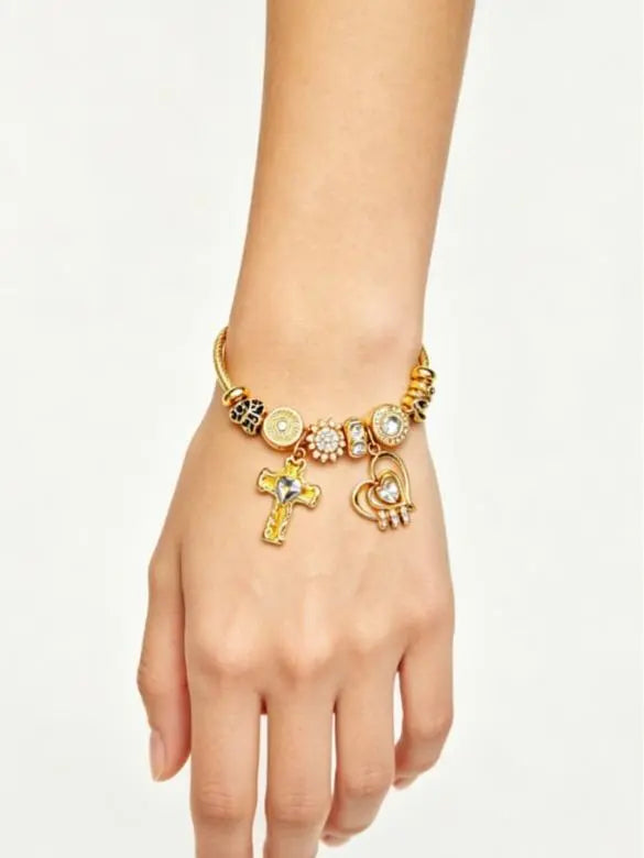 Gold Cross Heart Charm Bangle for Women, Adjustable Wire Cable Cuff Bracelet with Crystal Rhinestone Beads, Inner Diameter 2.28 Inches Dainty Religious Faith Jewelry Gift